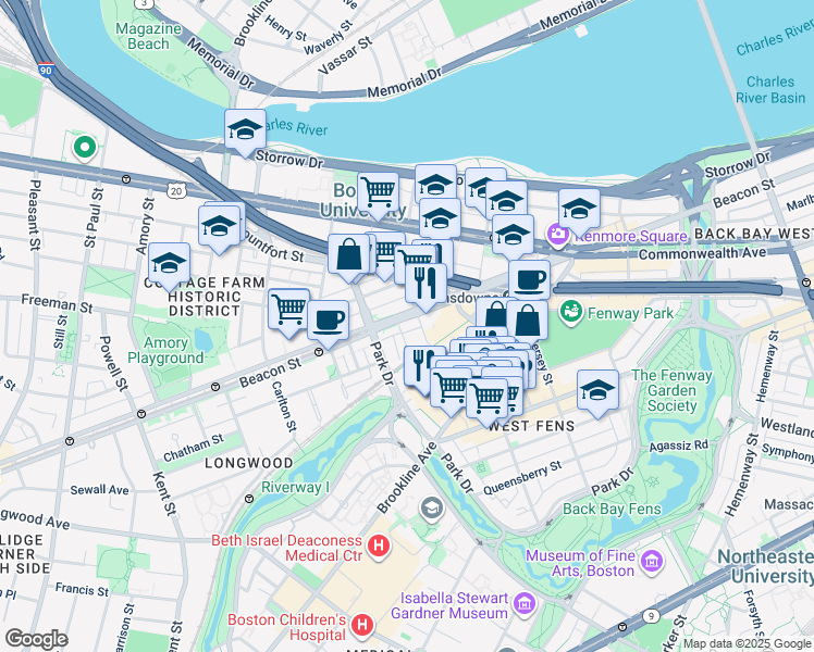 map of restaurants, bars, coffee shops, grocery stores, and more near 9 Miner Street in Boston