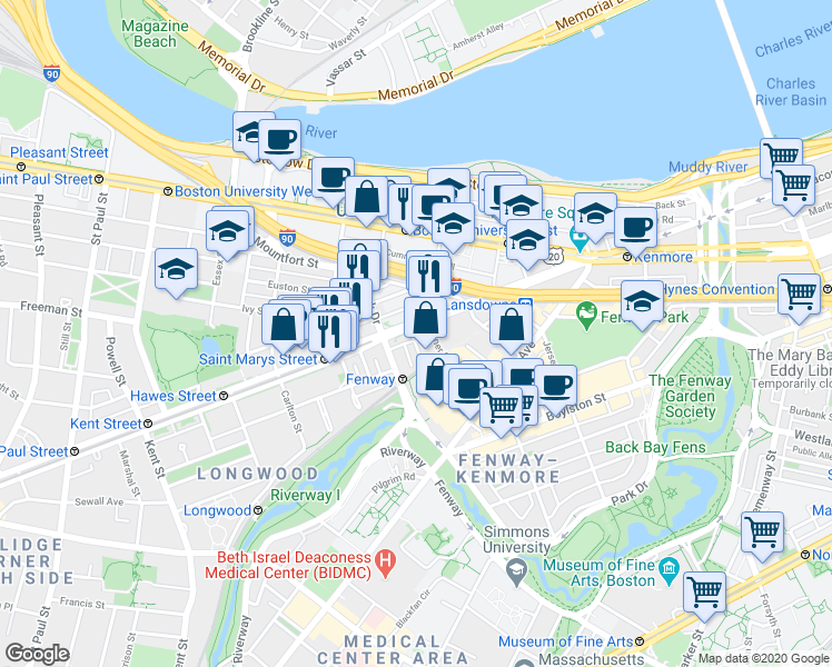 map of restaurants, bars, coffee shops, grocery stores, and more near 880 Beacon Street in Boston