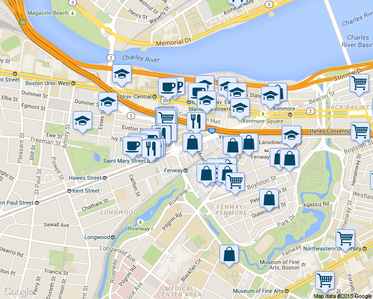map of restaurants, bars, coffee shops, grocery stores, and more near 880 Beacon Street in Boston