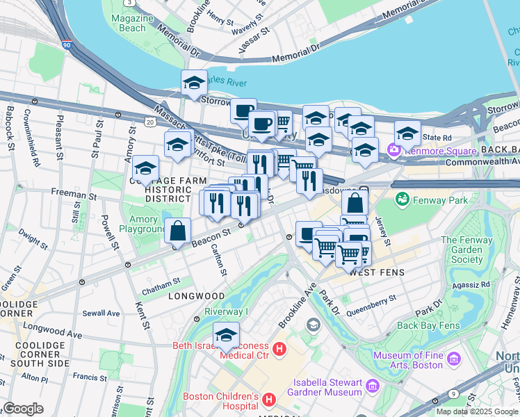 map of restaurants, bars, coffee shops, grocery stores, and more near 912 Beacon Street in Boston