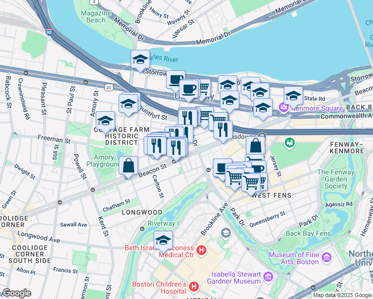 map of restaurants, bars, coffee shops, grocery stores, and more near 912 Beacon Street in Boston