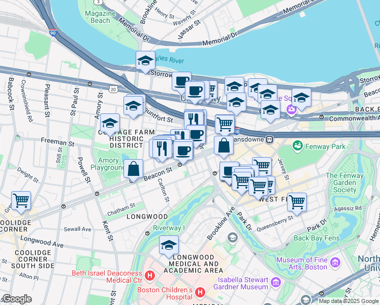 map of restaurants, bars, coffee shops, grocery stores, and more near 912 Beacon Street in Boston