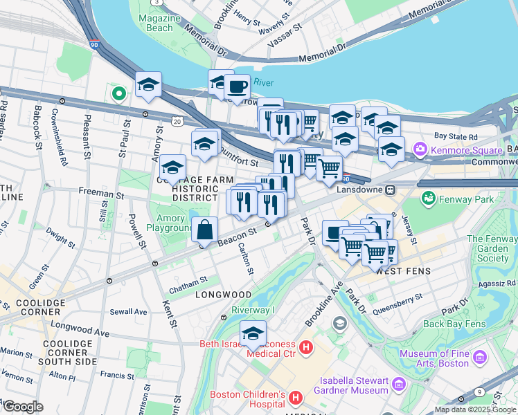 map of restaurants, bars, coffee shops, grocery stores, and more near in Brookline
