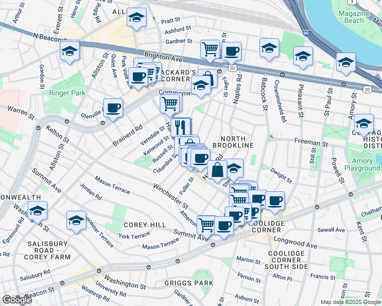 map of restaurants, bars, coffee shops, grocery stores, and more near 79 Coolidge Street in Brookline