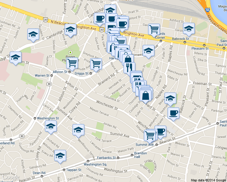 map of restaurants, bars, coffee shops, grocery stores, and more near in Brookline