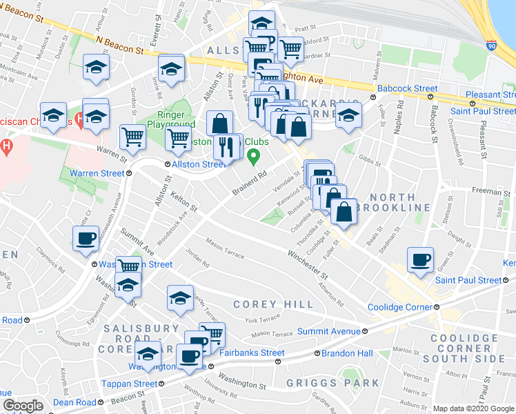 map of restaurants, bars, coffee shops, grocery stores, and more near 96 Verndale Street in Brookline