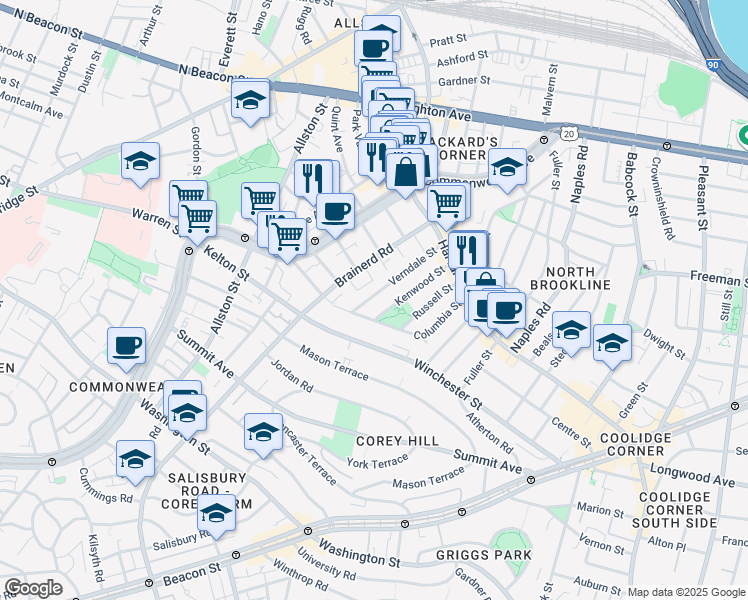 map of restaurants, bars, coffee shops, grocery stores, and more near 96 Verndale Street in Brookline