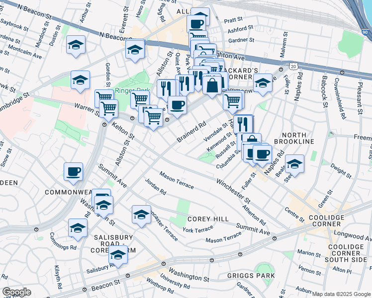 map of restaurants, bars, coffee shops, grocery stores, and more near 96 Verndale Street in Brookline
