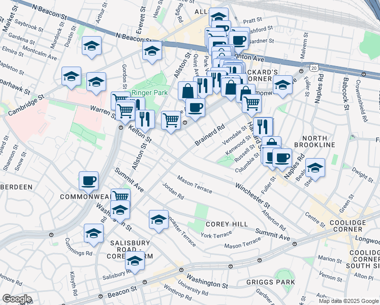 map of restaurants, bars, coffee shops, grocery stores, and more near in Boston