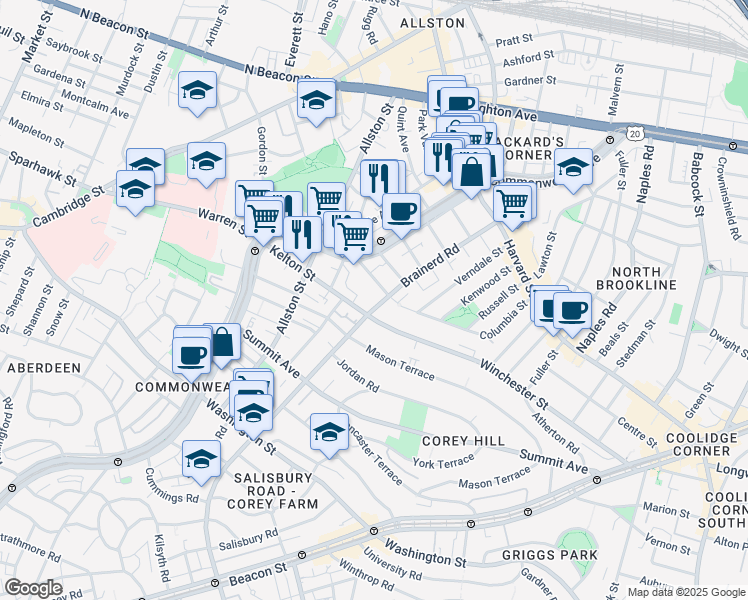 map of restaurants, bars, coffee shops, grocery stores, and more near 239 Kelton Street in Boston