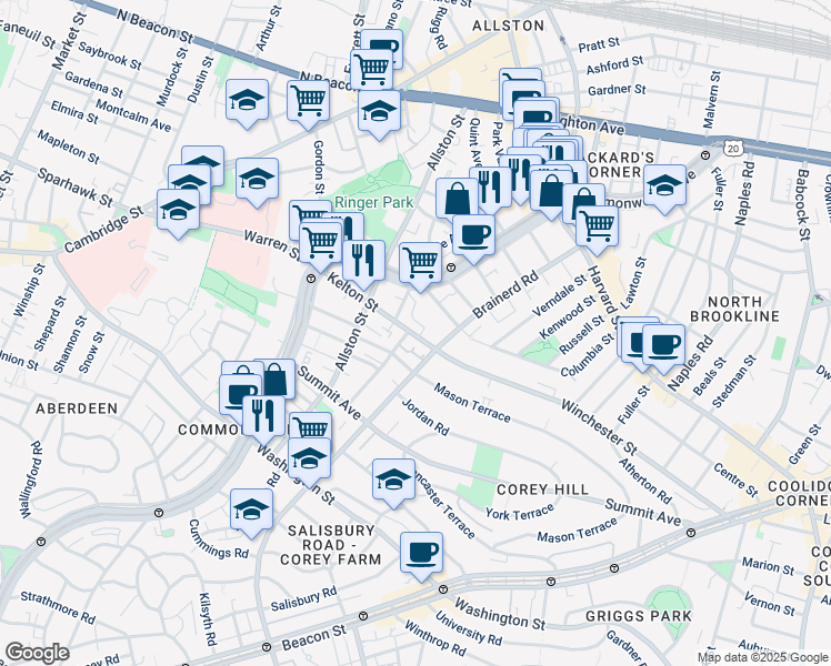 map of restaurants, bars, coffee shops, grocery stores, and more near 239 Kelton Street in Boston