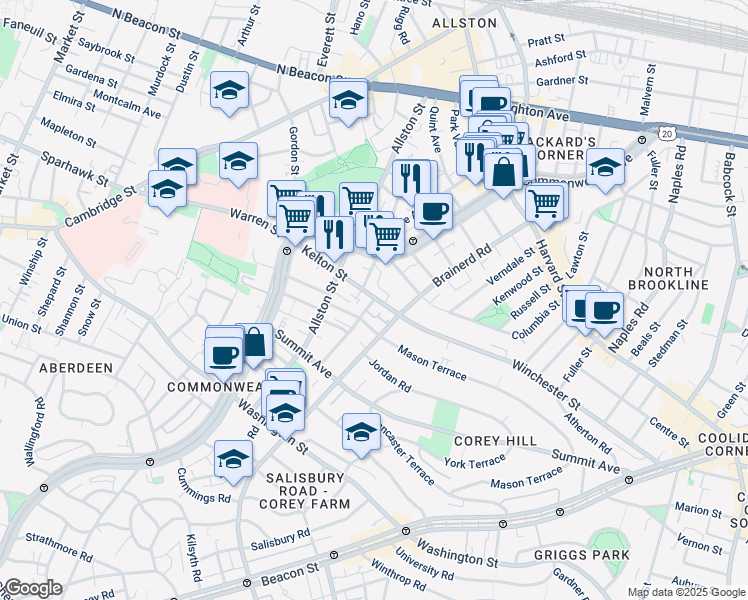 map of restaurants, bars, coffee shops, grocery stores, and more near 239 Kelton Street in Boston