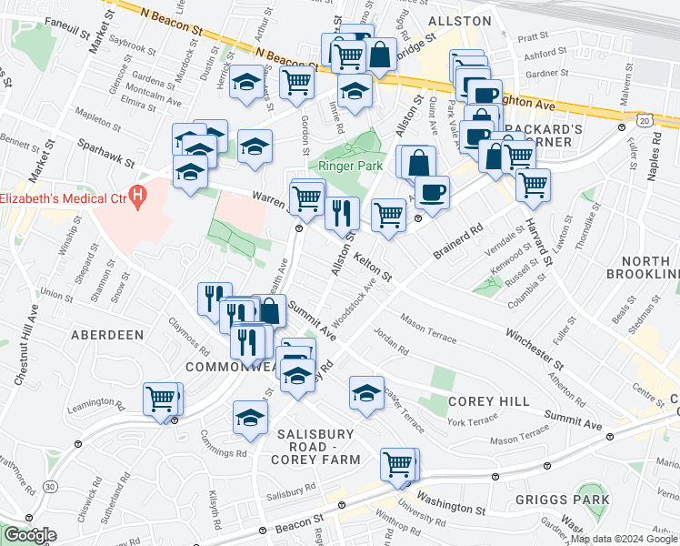 map of restaurants, bars, coffee shops, grocery stores, and more near 3 Commonwealth Terrace in Boston