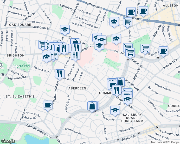 map of restaurants, bars, coffee shops, grocery stores, and more near 155 Washington Street in Boston
