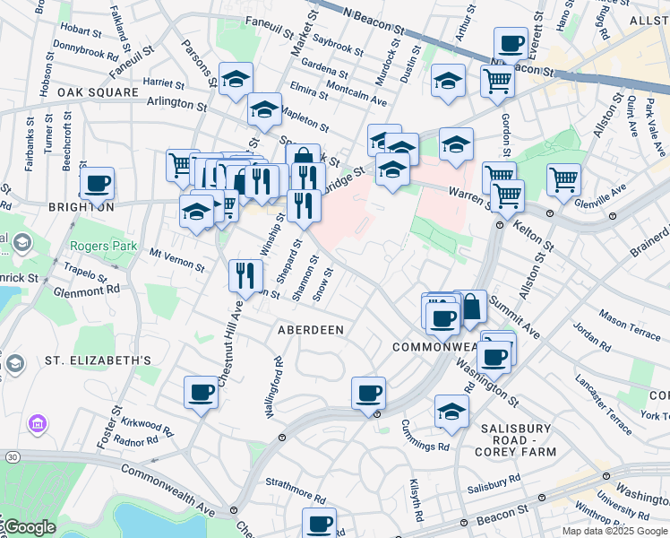 map of restaurants, bars, coffee shops, grocery stores, and more near 200 Washington Street in Boston