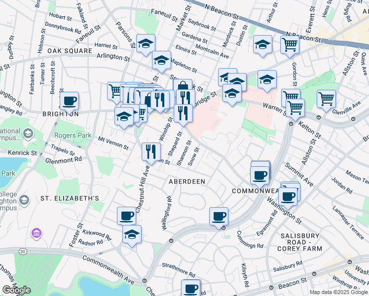 map of restaurants, bars, coffee shops, grocery stores, and more near 30 Shannon Street in Boston