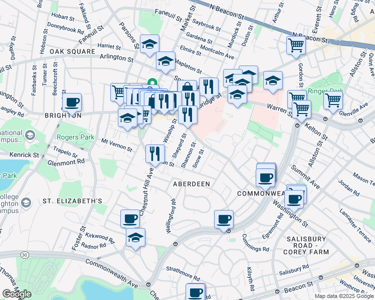 map of restaurants, bars, coffee shops, grocery stores, and more near 30 Shannon Street in Boston