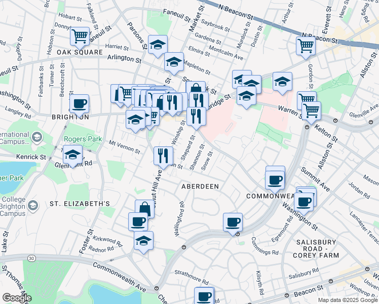 map of restaurants, bars, coffee shops, grocery stores, and more near 39 Shepard Street in Boston