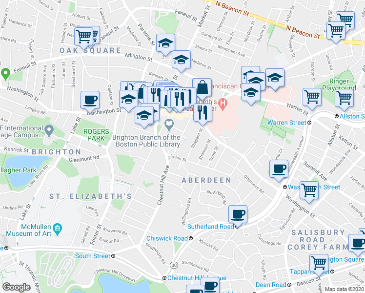 map of restaurants, bars, coffee shops, grocery stores, and more near 39 Shepard Street in Boston
