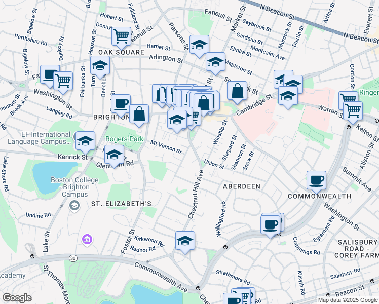 map of restaurants, bars, coffee shops, grocery stores, and more near 82 Academy Hill Road in Boston