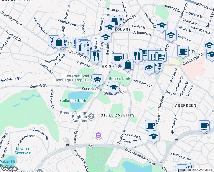 map of restaurants, bars, coffee shops, grocery stores, and more near 68 Cenacle Road in Boston