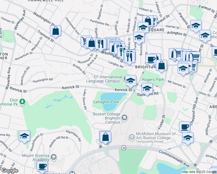 map of restaurants, bars, coffee shops, grocery stores, and more near 78 Kenrick Street in Boston