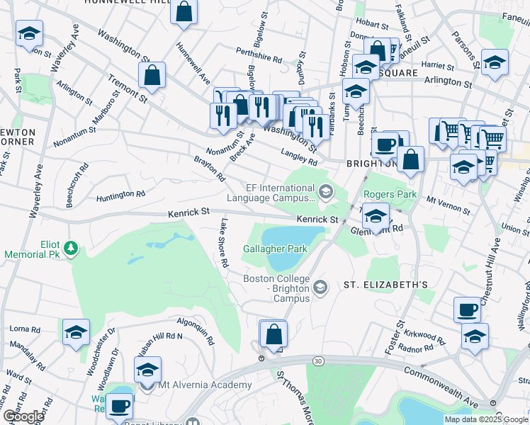 map of restaurants, bars, coffee shops, grocery stores, and more near 110-112 Kenrick Street in Boston