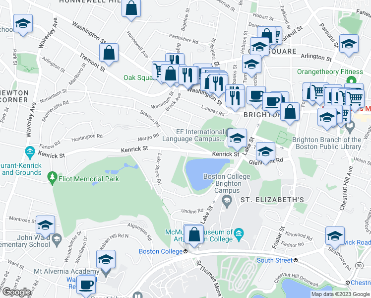 map of restaurants, bars, coffee shops, grocery stores, and more near 110-112 Kenrick Street in Boston