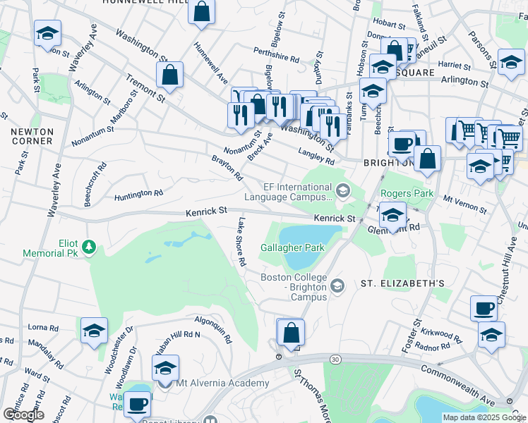 map of restaurants, bars, coffee shops, grocery stores, and more near 110-112 Kenrick Street in Boston