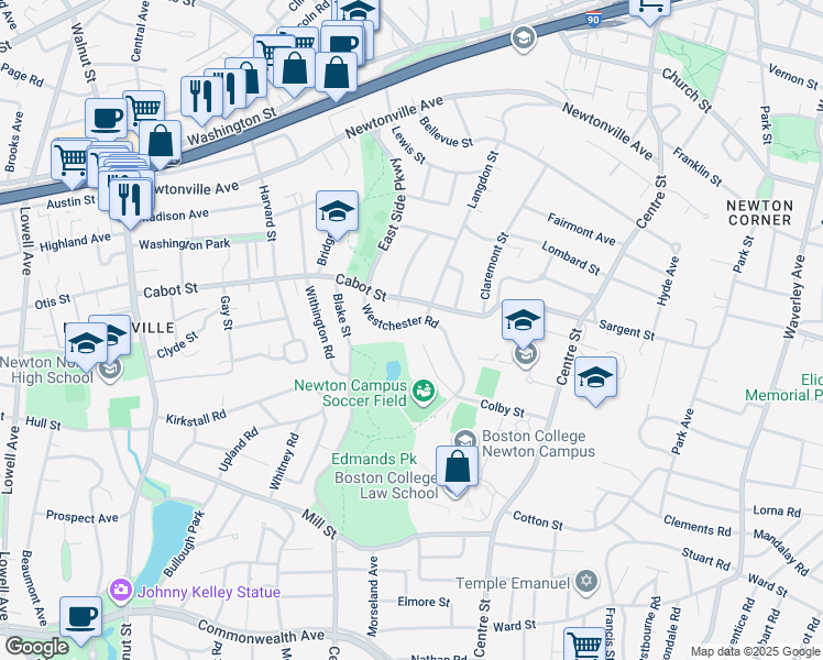 map of restaurants, bars, coffee shops, grocery stores, and more near 58 Rochester Road in Newton