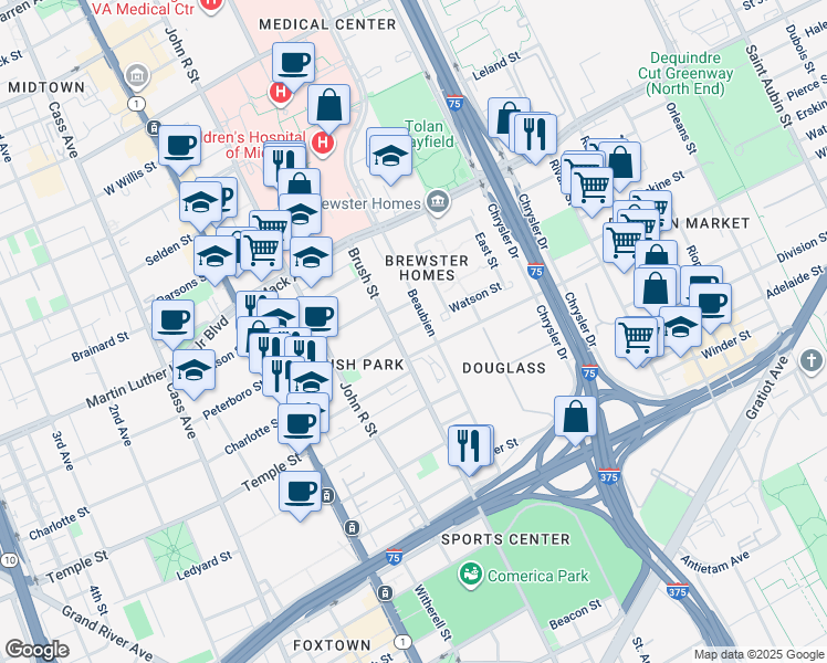 map of restaurants, bars, coffee shops, grocery stores, and more near 3035 Beaubien Boulevard in Detroit