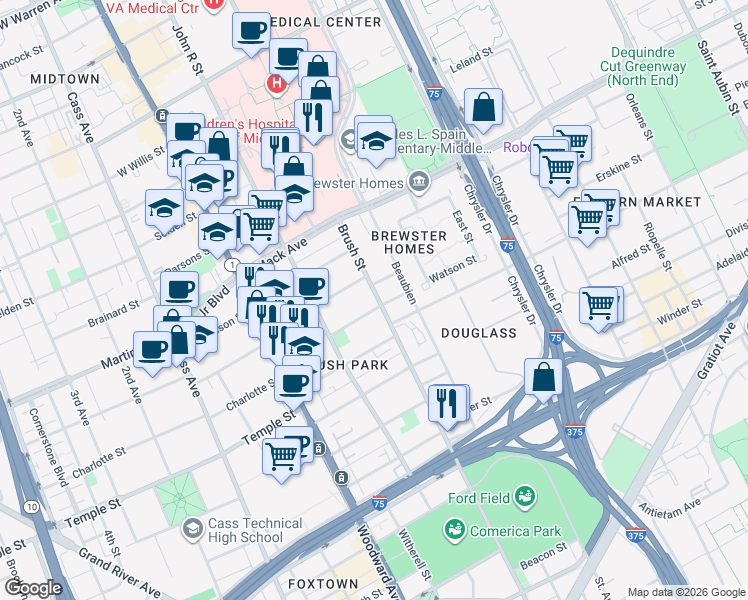 map of restaurants, bars, coffee shops, grocery stores, and more near 313 Watson Street in Detroit