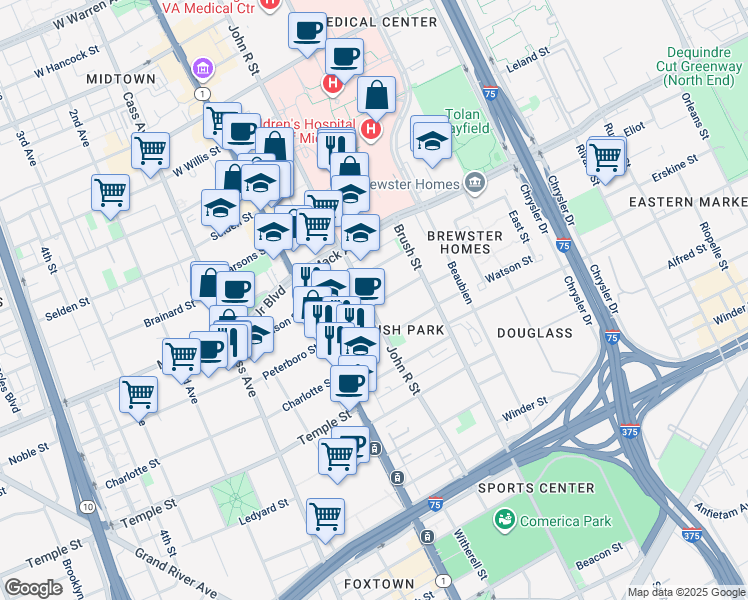 map of restaurants, bars, coffee shops, grocery stores, and more near 115 Erskine Street in Detroit