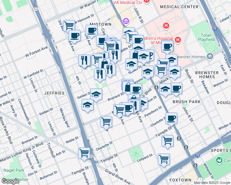 map of restaurants, bars, coffee shops, grocery stores, and more near 3711 2nd Avenue in Detroit
