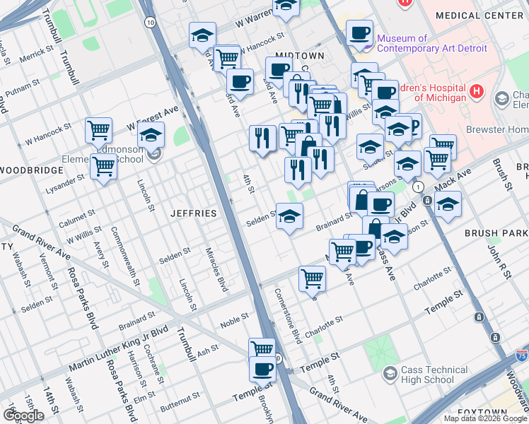 map of restaurants, bars, coffee shops, grocery stores, and more near 950 John C Lodge Service Drive in Detroit