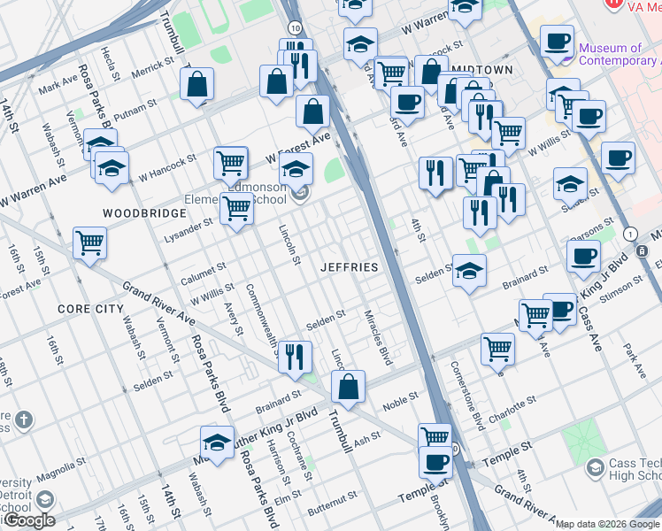 map of restaurants, bars, coffee shops, grocery stores, and more near 4105 Aretha Avenue in Detroit
