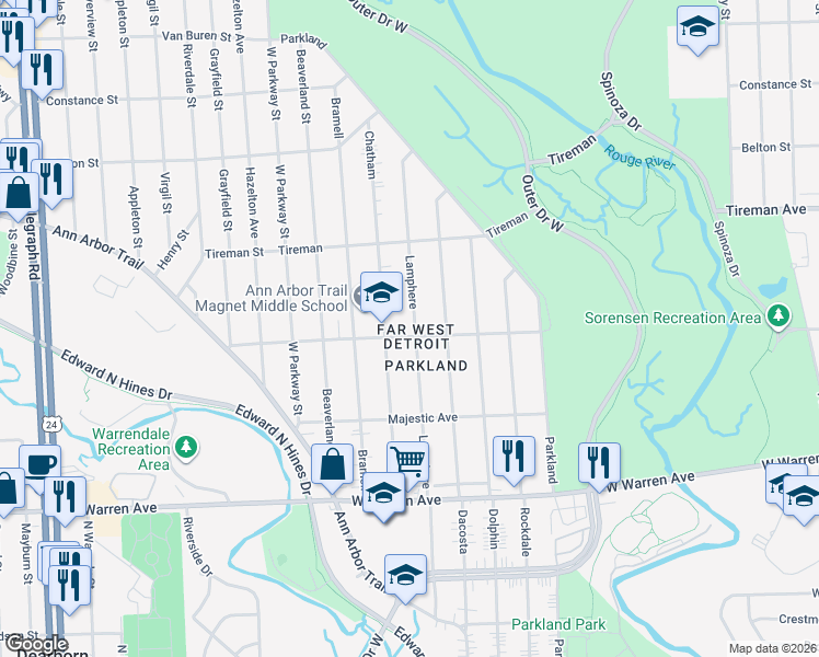 map of restaurants, bars, coffee shops, grocery stores, and more near 7556 Lamphere in Detroit