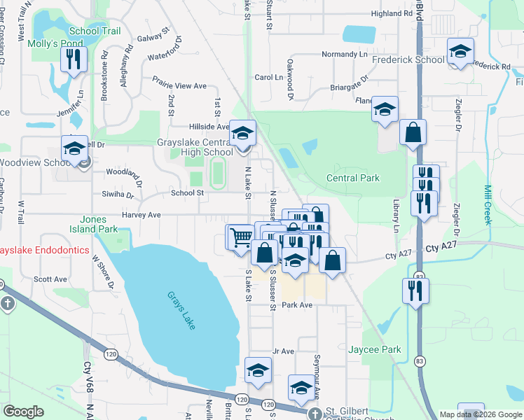 map of restaurants, bars, coffee shops, grocery stores, and more near 62 Pine Street in Grayslake