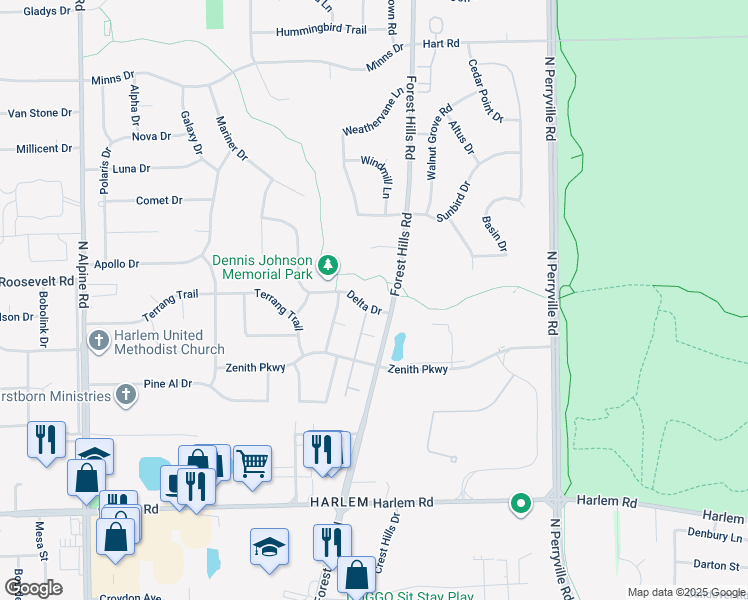 map of restaurants, bars, coffee shops, grocery stores, and more near 8325 Delta Drive in Machesney Park