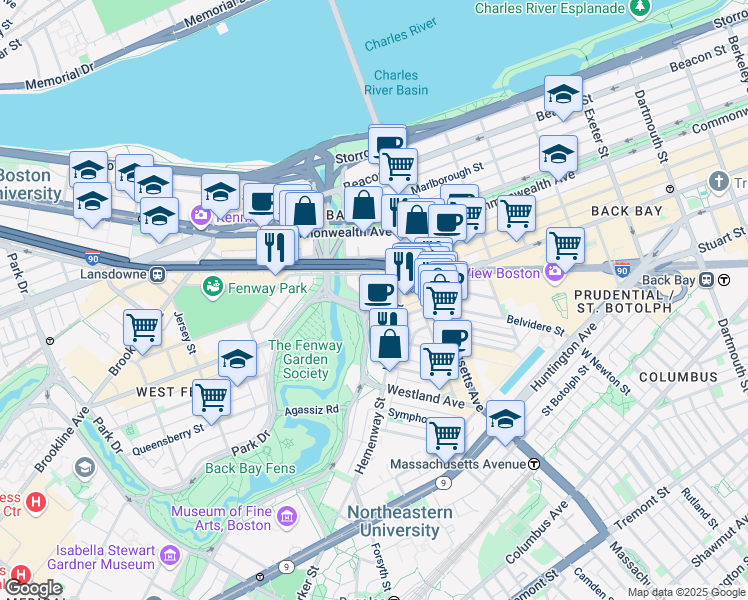 map of restaurants, bars, coffee shops, grocery stores, and more near 3780 Boylston Street in Boston