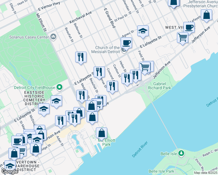 map of restaurants, bars, coffee shops, grocery stores, and more near 484 Bellevue Street in Detroit