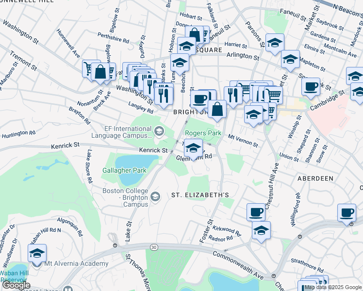 map of restaurants, bars, coffee shops, grocery stores, and more near 68 Cenacle Road in Boston