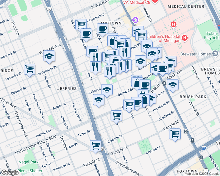 map of restaurants, bars, coffee shops, grocery stores, and more near 665 Selden Street in Detroit