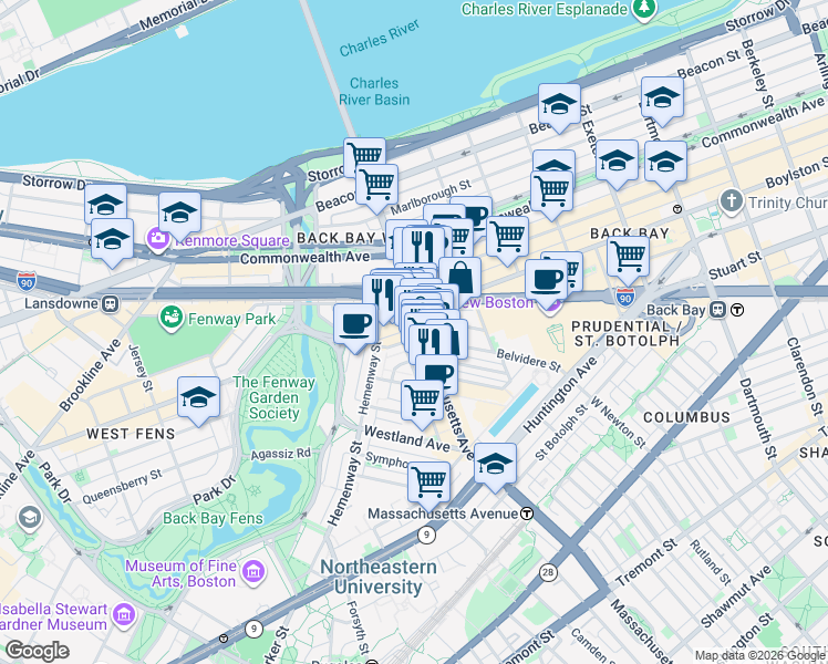 map of restaurants, bars, coffee shops, grocery stores, and more near 19 Haviland Street in Boston