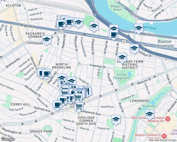 map of restaurants, bars, coffee shops, grocery stores, and more near 107 Browne Street in Brookline
