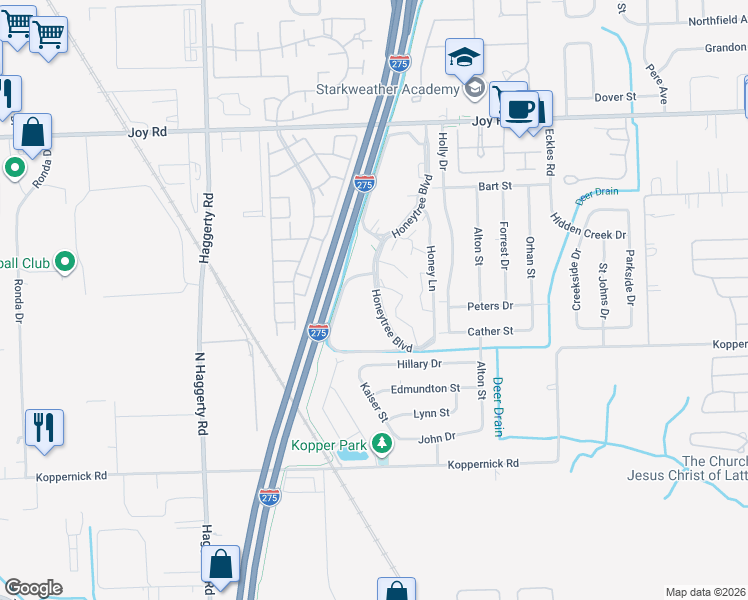map of restaurants, bars, coffee shops, grocery stores, and more near 8375 Honeytree Boulevard in Canton