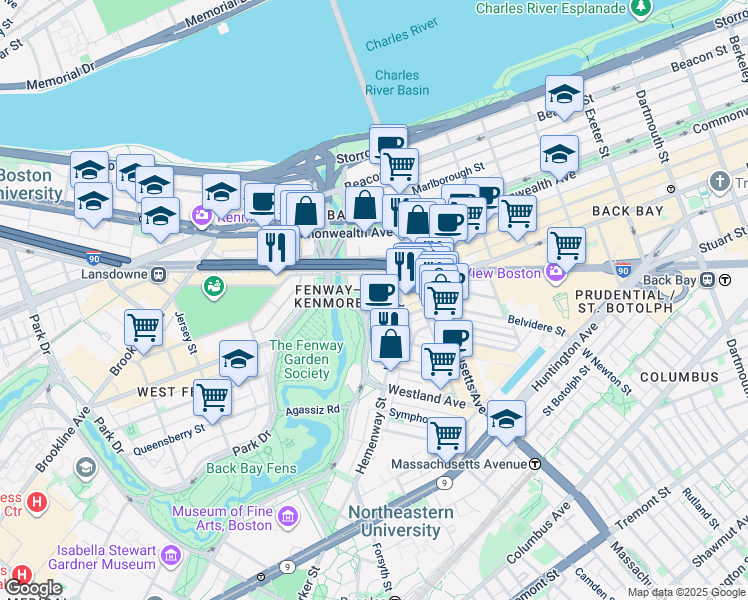 map of restaurants, bars, coffee shops, grocery stores, and more near 3780 Boylston Street in Boston