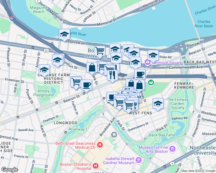 map of restaurants, bars, coffee shops, grocery stores, and more near 9 Miner Street in Boston
