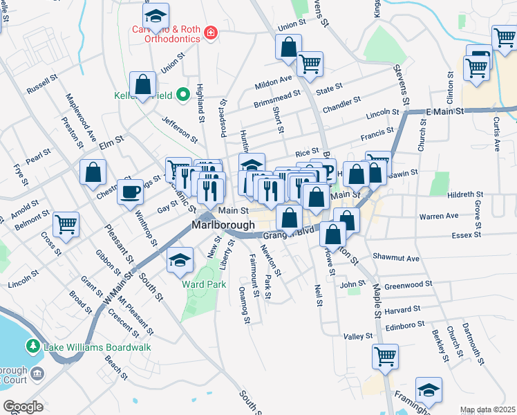 map of restaurants, bars, coffee shops, grocery stores, and more near 205 Main Street in Marlborough