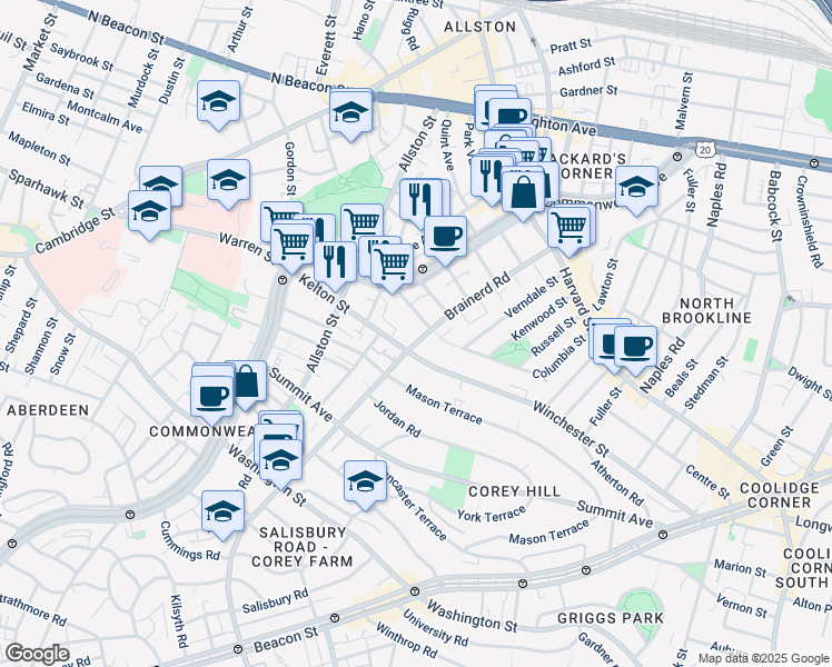map of restaurants, bars, coffee shops, grocery stores, and more near 239 Kelton Street in Boston